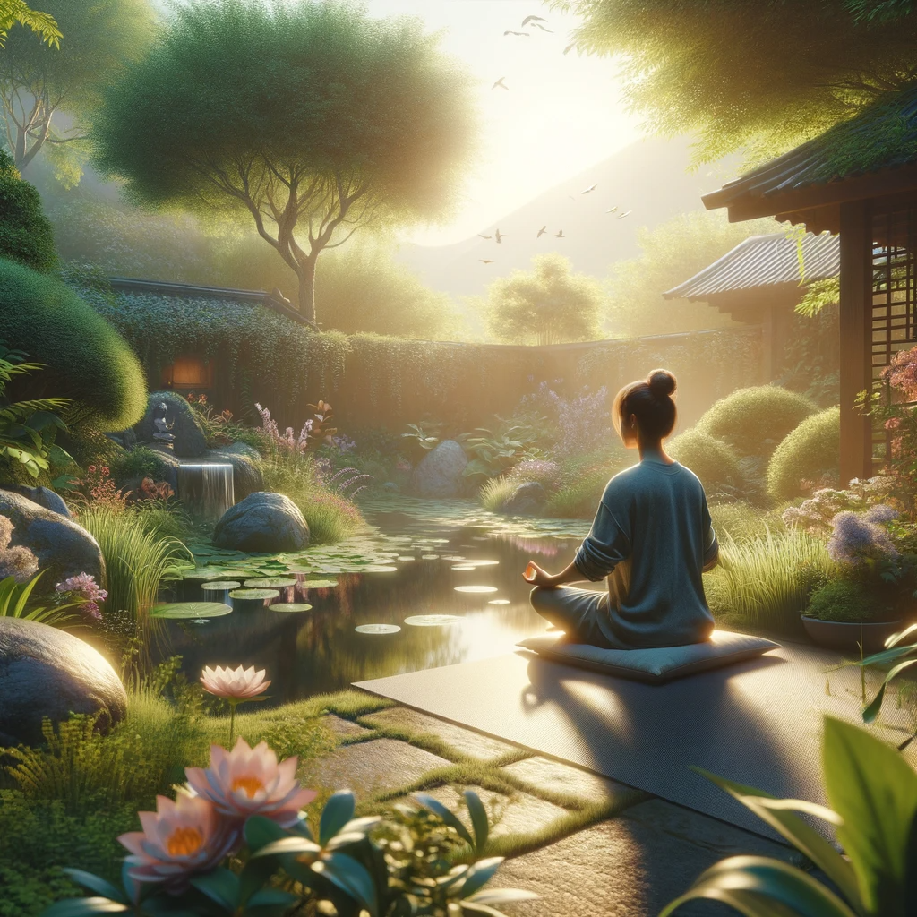A serene and peaceful scene depicting a person meditating. The setting is a tranquil garden with lush greenery, a small pond, and blooming flowers. Th